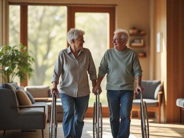 Happy active senior couple enjoying a modern, accessible home environment with natural light.